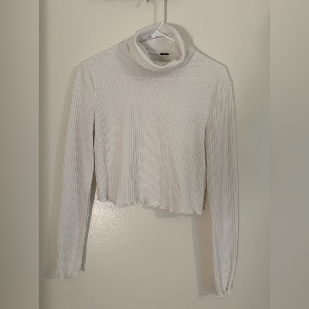 White Turtleneck Ribbed Shirt
